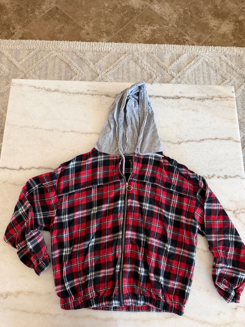 Red Plaid Zip Hoodie with Gray Hood
